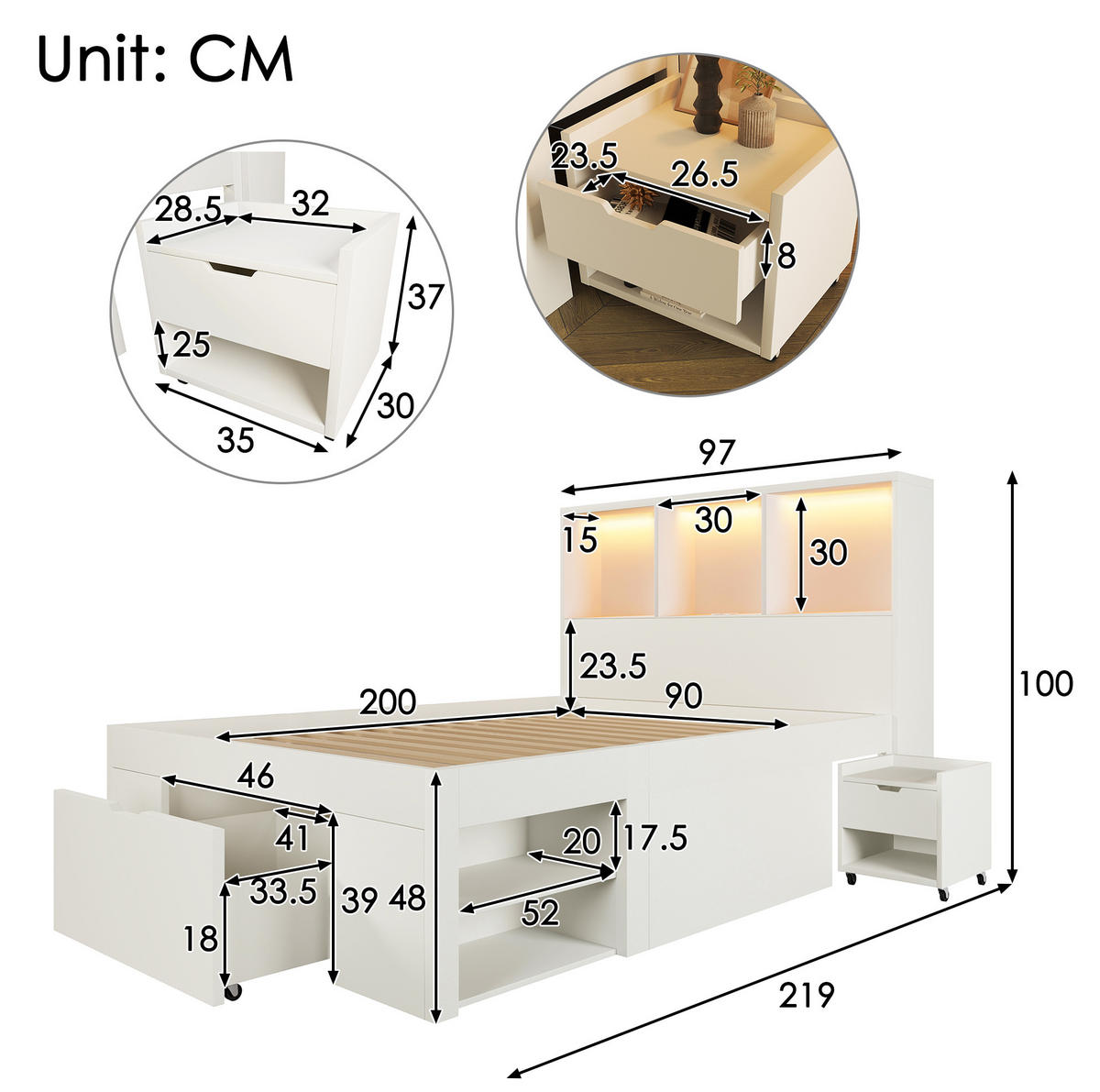 FUNKTIONSBETT 90/200 cm mit LED-Beleuchtung, USB-C, Stauraum und beweglichem Nachttisch aus Holz, Weiß - Weiß, Holzwerkstoff (90/200cm) - Redom