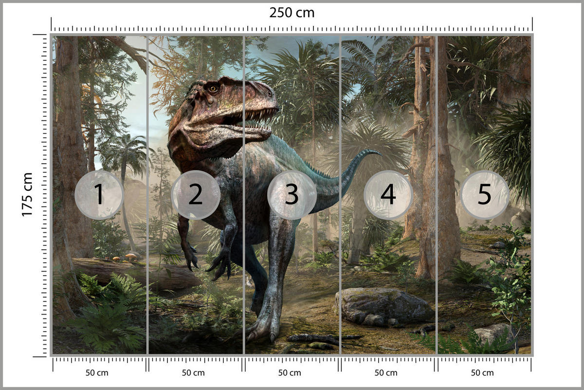 FOTOTAPETE für Jugendzimmer Realistischer Dinosaurier Dschungel Palmen 250x175 - Beige/Schwarz, Papier (250/175cm) - Muralo