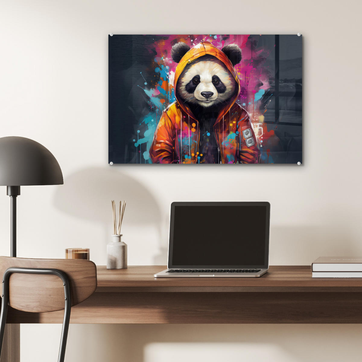 ACRYLGLASBILD Panda - Jacke - Graffiti - Orange 60x40 cm - Orange, Glas (60/40cm) - MuchoWow