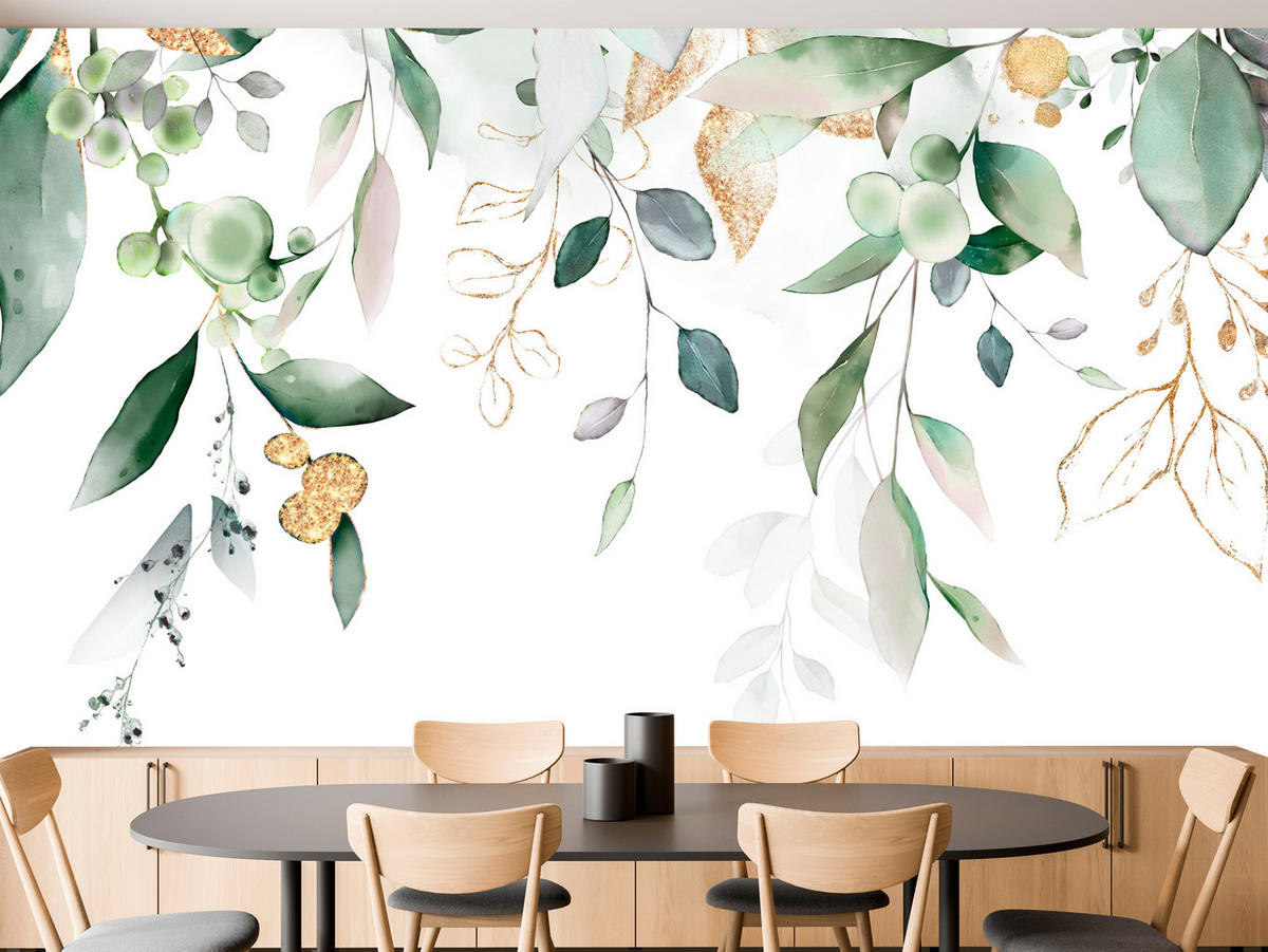 FOTOTAPETE für Schlafzimmer Aquarell Blätter Eukalyptus Weiß 150x105 - Gelb/Weiß, Papier (150/105cm) - Muralo