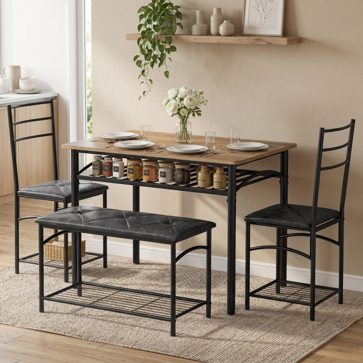 ESSGRUPPE DE-39308 Tisch mit 2 Stühlen und Bank Braun/Schwarz - Braun, Holzwerkstoff (100/76.3/60cm) - ComfortXL