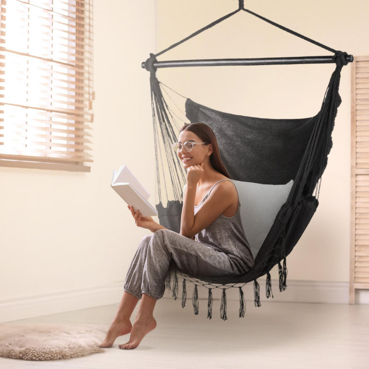 HÄNGESESSEL mit 2 Kissen 75/100/130 cm, bis 140 kg - Schwarz/Weiß, Textil (100/130/75cm) - Outtec