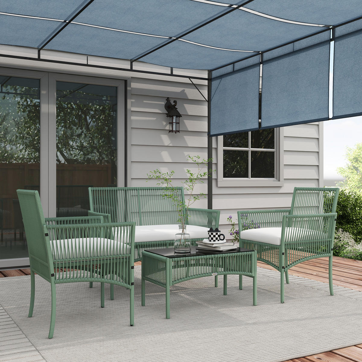 GARTENSET DE-13598 4-teilig mit Glastisch & 5 cm Kissen Natur - Grün, Metall - ComfortXL