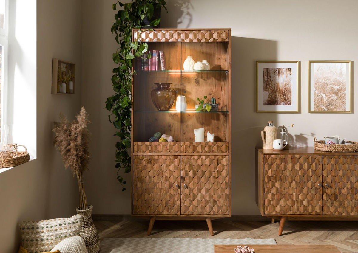 VITRINE Akazie 90x42x190 Akazie natur lackiert MOSAYK #114 - Braun, Holz (90/190/42cm) - Massivmoebel24