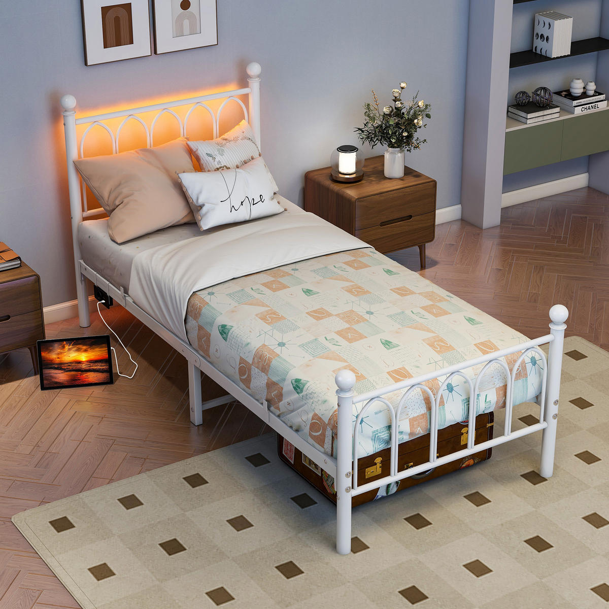 METALLBETT 90x200 cm LED USB Vintage weiß - Weiß, Metall (90/200cm) - LEBENLANG