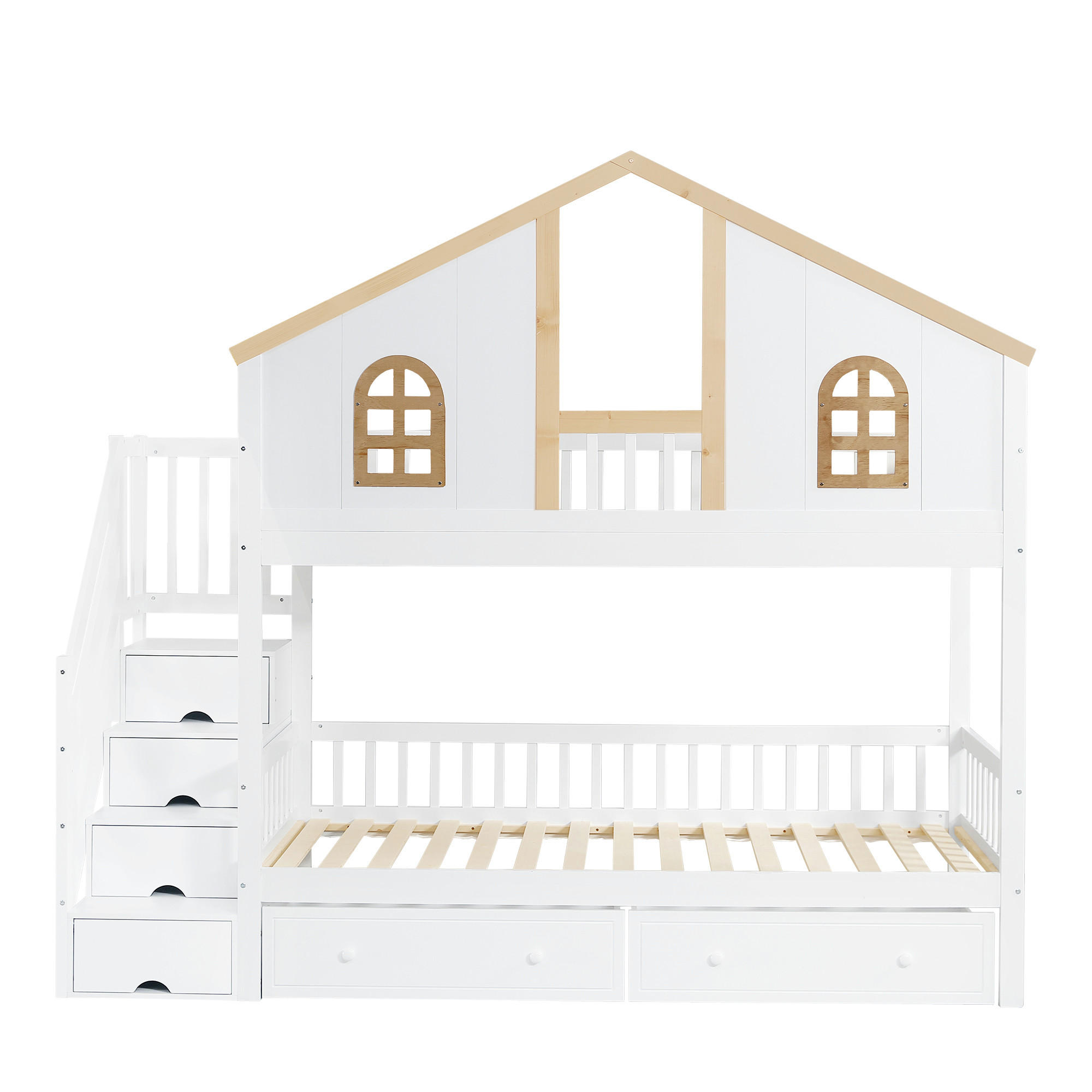 ETAGENBETT Fenster Weiß+Natur 90x200cm - Naturfarben, Holz (90/200cm) - ComfortXL