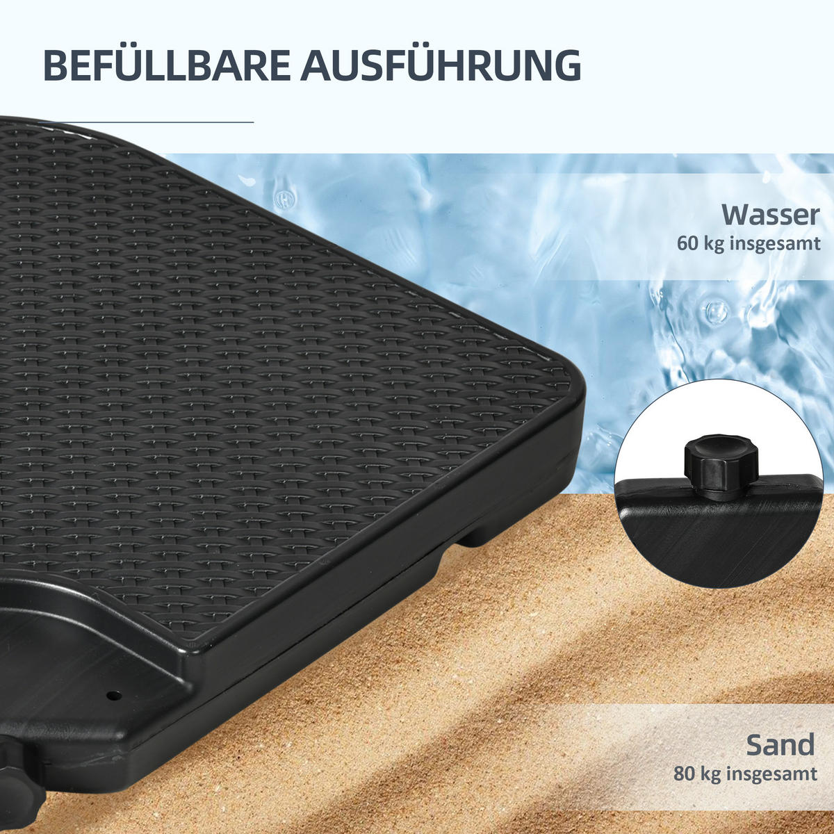 SCHIRMGEWICHT für Ampelschirm mit Griff, mit 80 kg Sand oder 60 kg Wasser befüllbar, HDPE, Schwarz - Schwarz, Kunststoff (100/100cm) - Outsunny