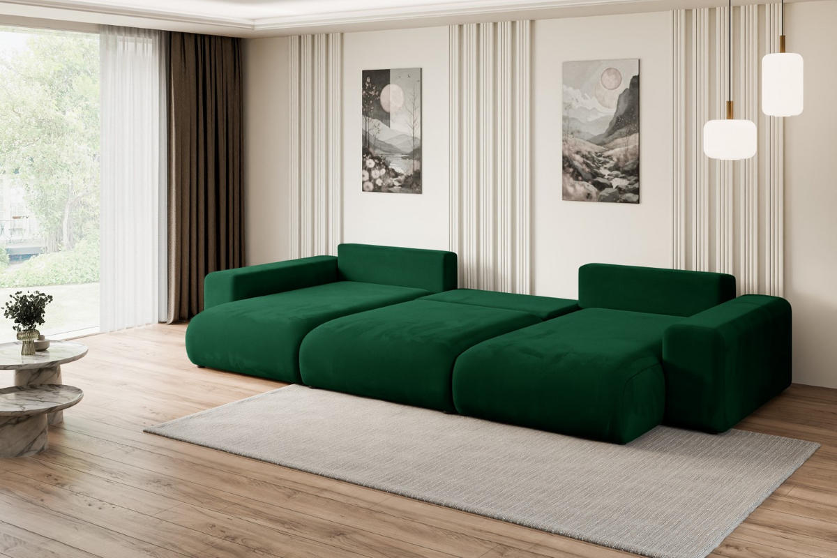 WOHNLANDSCHAFT mit Schlaffunktion und Bettkasten ESKAR-U -352x165x84cm Grün Velours - Schwarz/Grün, Holzwerkstoff/Kunststoff (352/84/165cm) - ALTDECOR