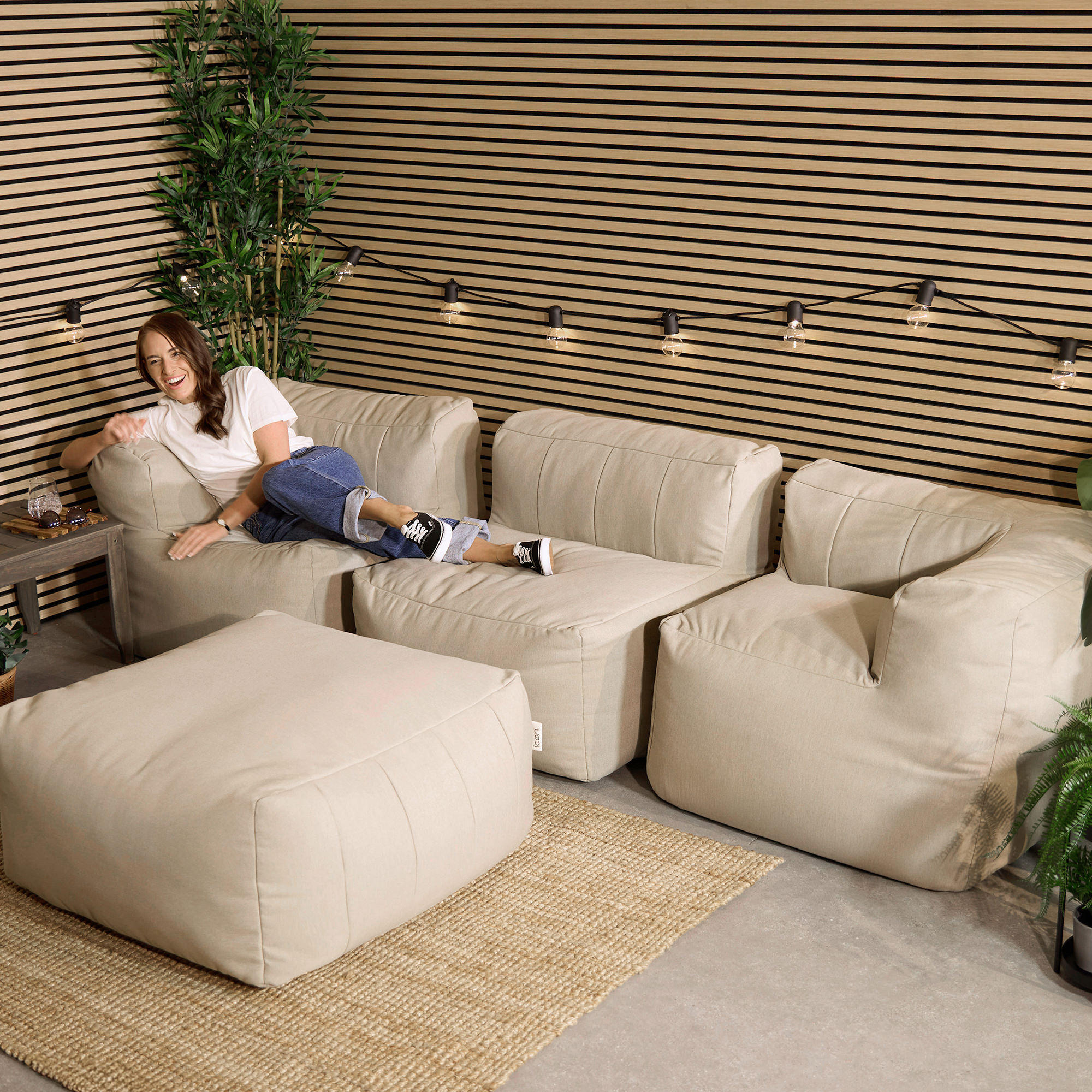 SITZSACK-SOFA Outdoor 4-tlg.: 2 Ecksessel, Sessel, Fußstütze - Beige, Textil (295/68/100cm) - icon