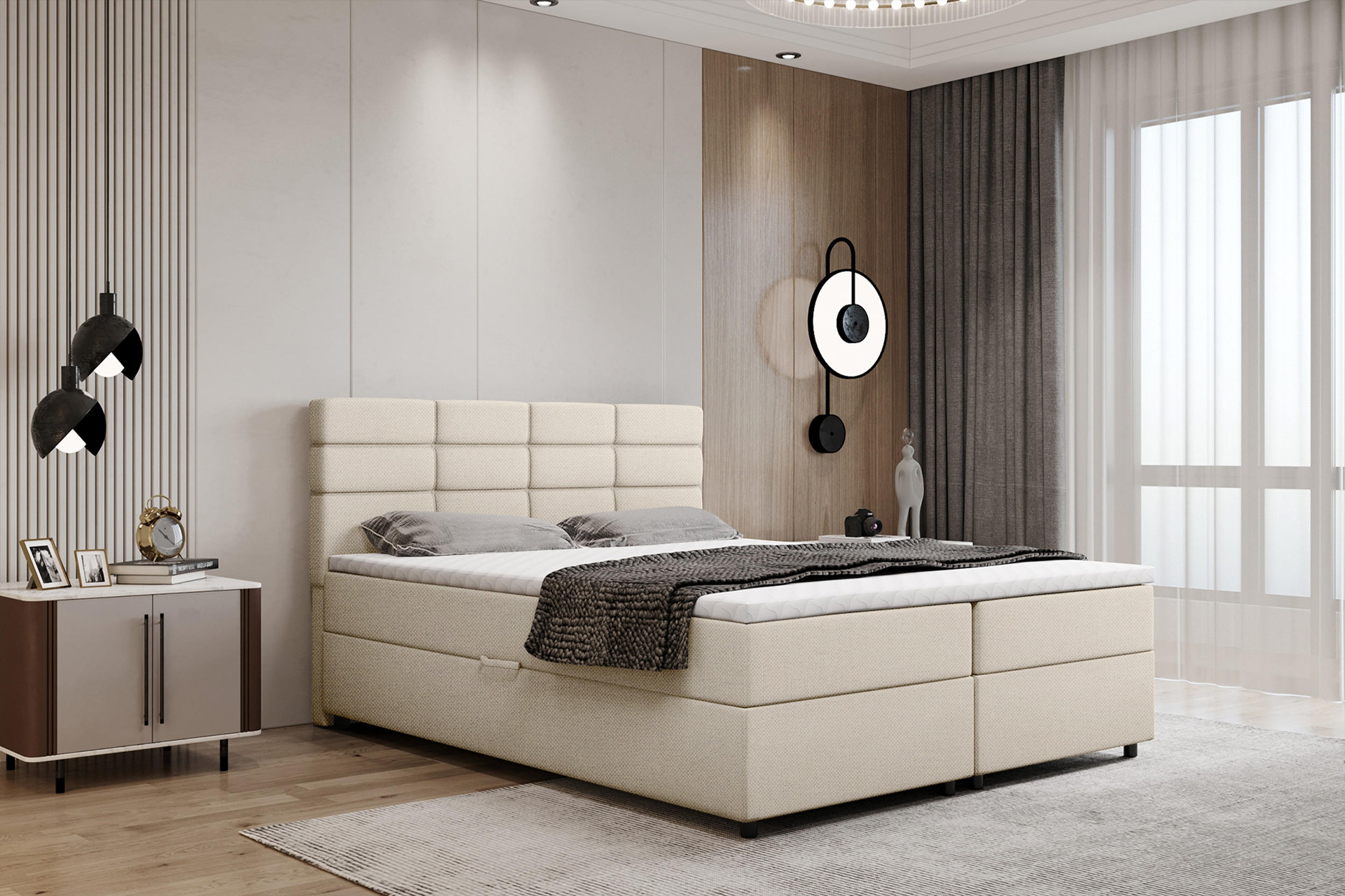 BOXBETT Reve 160 x 200 cm mit Bettkasten und Lattenrost ohne matratze - beige - Dunkelblau, Holz (160/200cm) - Panda Möbel