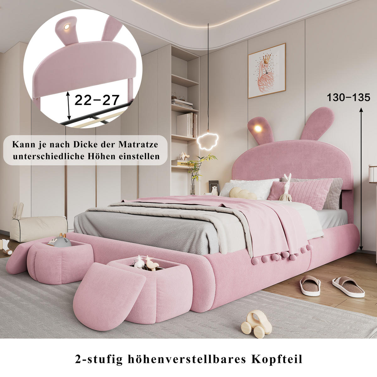 KINDERBETT aus Samt 140x200 cm in Rosa mit LED-Licht & hydraulischem Stauraum - Rosa, Textil (140/200cm) - Modfu