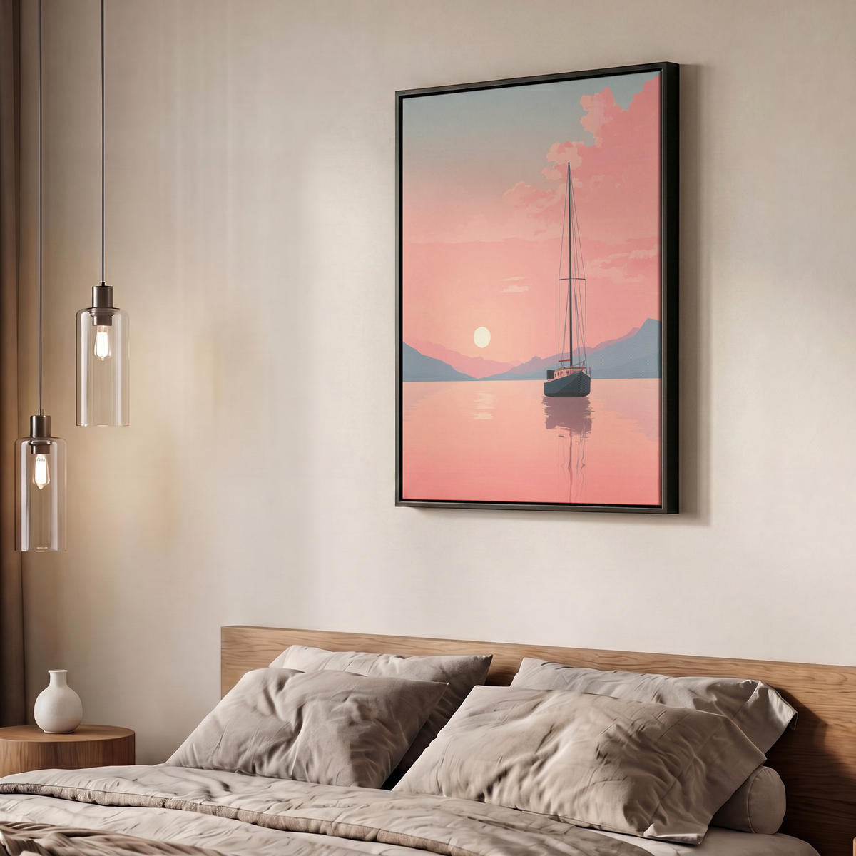LEINWAND Bilder mit Rahmen - Segelboot - Rosa Meer - Sonnenuntergang - Berge - 60x80 - Rosa, Textil (60/80cm) - MuchoWow