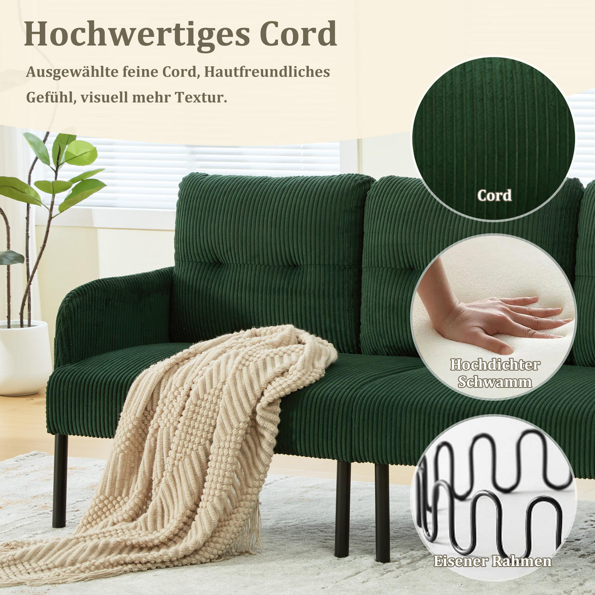 3-SITZER Sofa mit Seitentaschen, Metallgestell & Leinenstoff, 171cm, Grün - Schwarz/Grün, Textil/Metall (171/80/72cm) - LVHOM