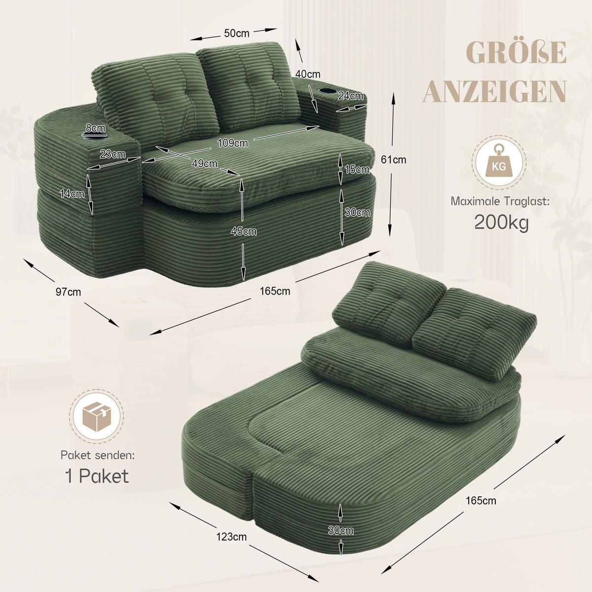 SCHLAFSOFA 2-in-1 Cordstoff Liegefunktion - Smaragdgrün, Textil (165/61/97cm) - Urban Meuble