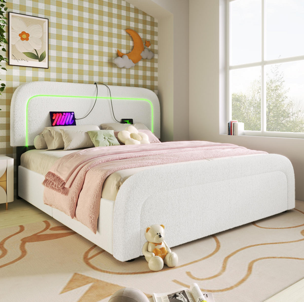 BETT mit LED, USB und 4 Schubladen 160x200 cm Sherpa White inkl. Matratze - Weiß, Metall (160/200cm) - Meubliv