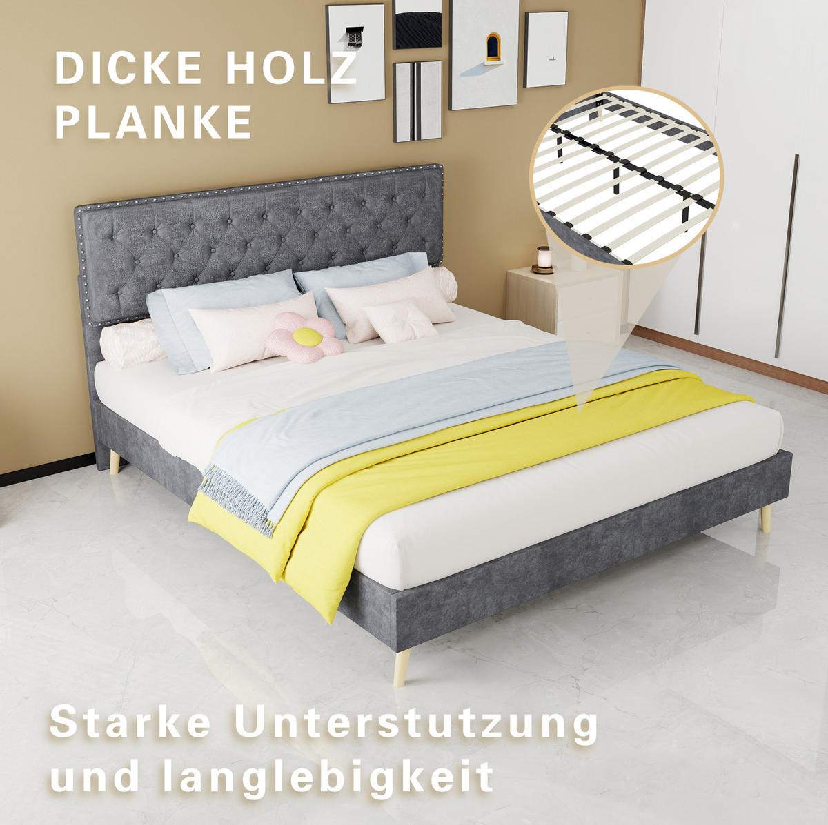 POLSTERBETT aus Stoff und Metall 160x200 cm Grau mit Samtbezug, Lattenrost und Stauraum - Grau, Textil (160/200cm) - IVMEU