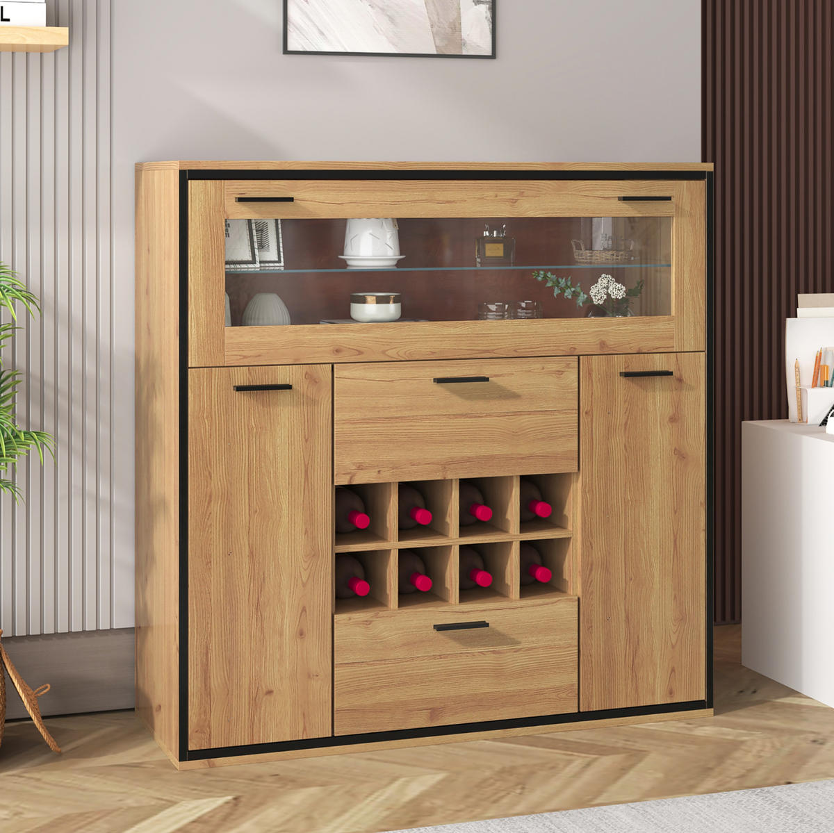 SIDEBOARD mit Weinregal 110 x 38 x 111 cm Holzoptik Schwarz - Braun, Holzwerkstoff (110/111/38cm) - Meubliv