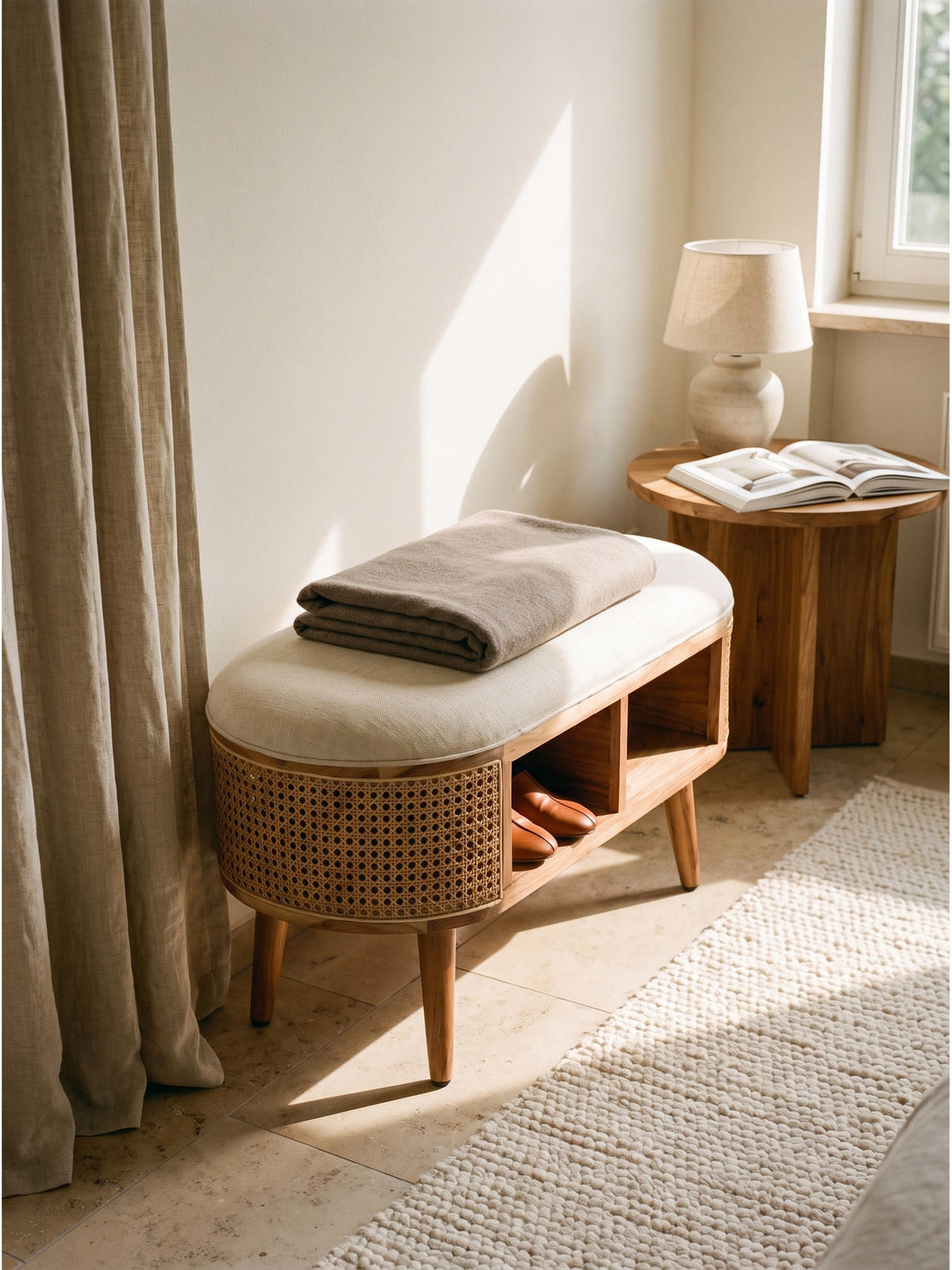 SITZBANK ASCOLI, Jutestoff, Akazie-Weiß, 90 x 45 x 45 cm - Hellbraun/Creme, Akazienholz/Holz (90/45/45cm) - KADIMA DESIGN