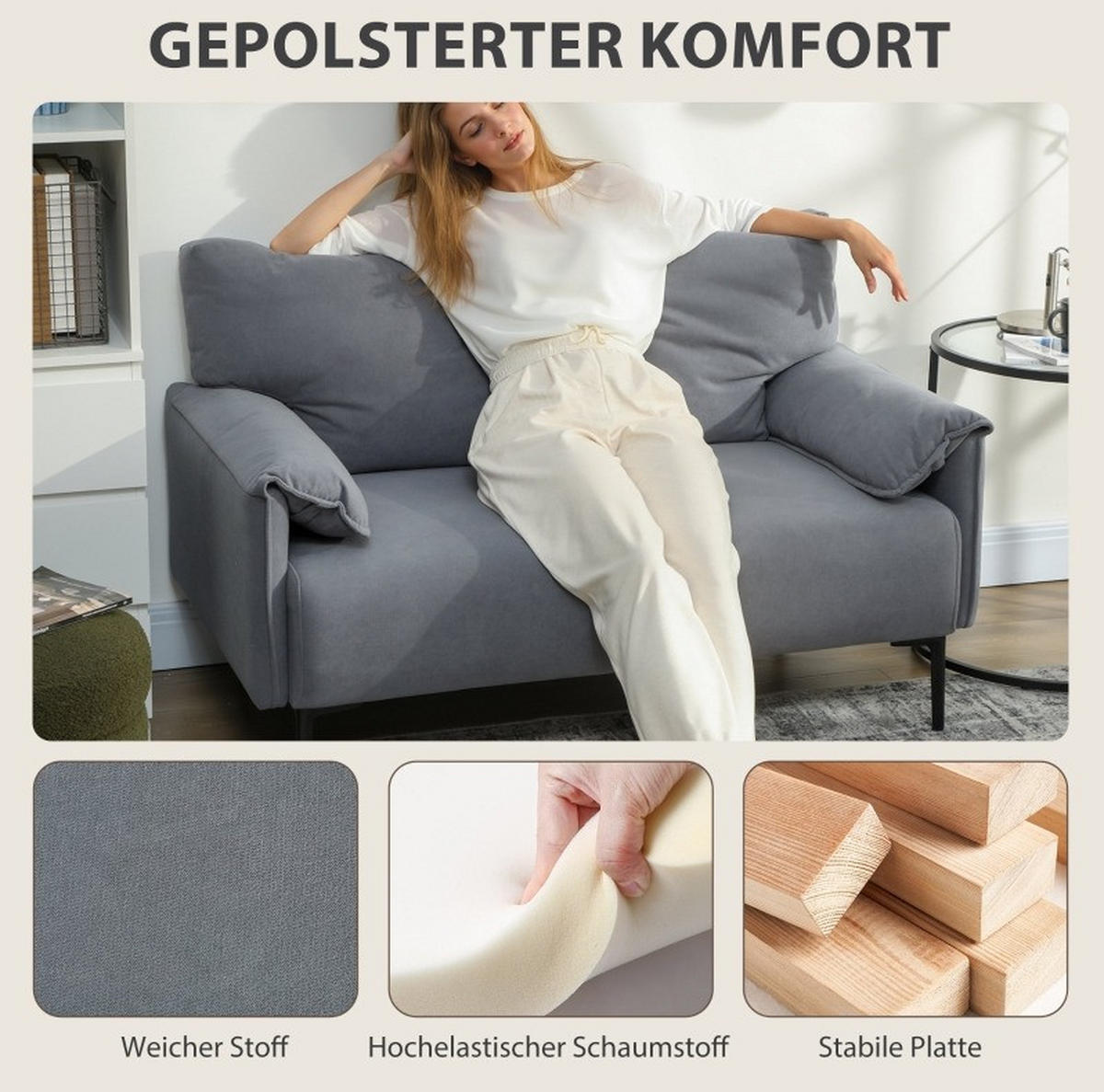 2-SITZER Sofa Stoffbezug mit Metallbeinen 127/72/84 cm Grau - Grau, Metall (72/84/127cm) - Redom