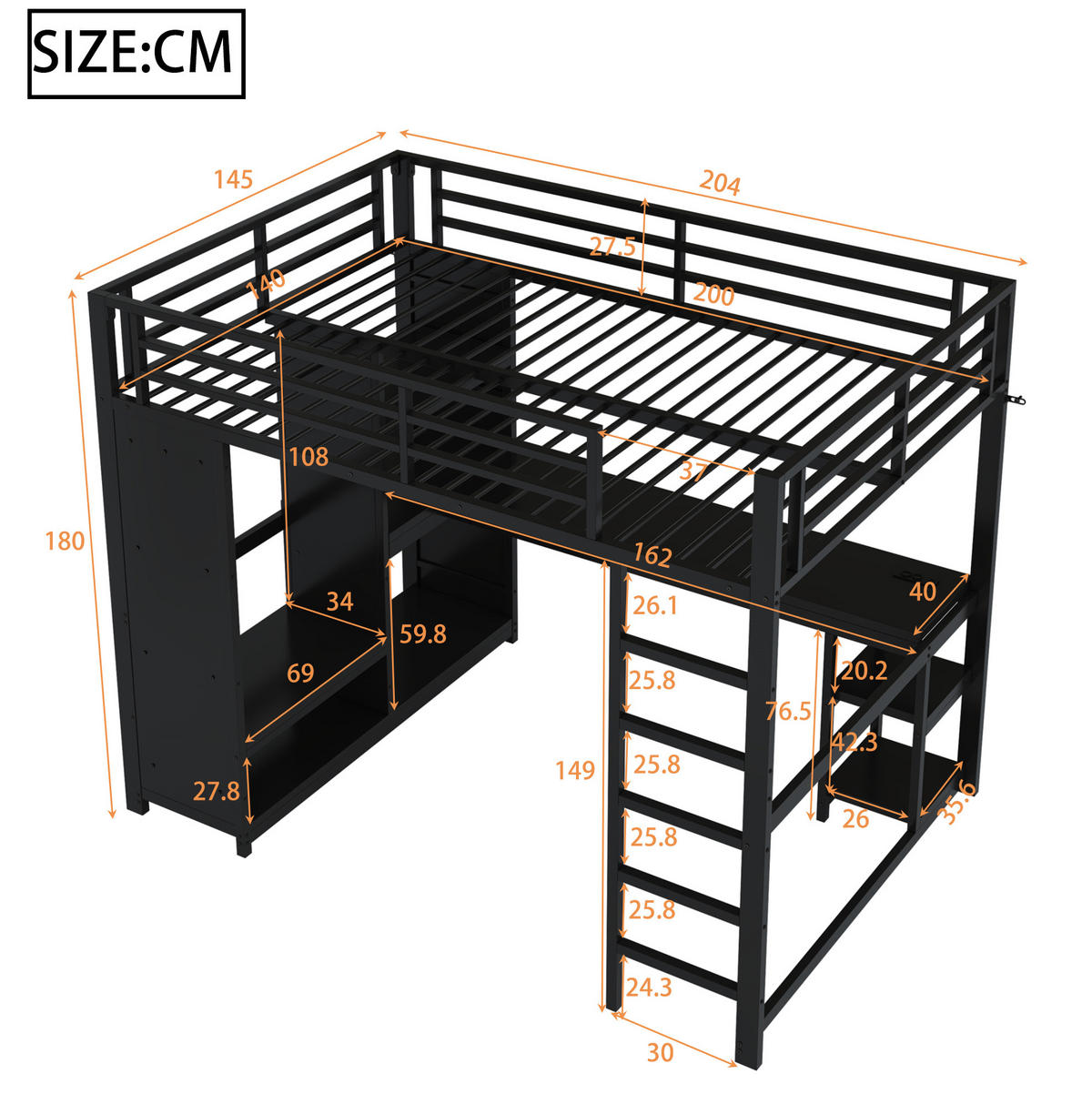 HOCHBETT aus Metall und MDF 140x200 cm Schwarz mit Schreibtisch, LED-Beleuchtung und offenem Kleiderschrank - Schwarz, Metall (140/200cm) - IVMEU
