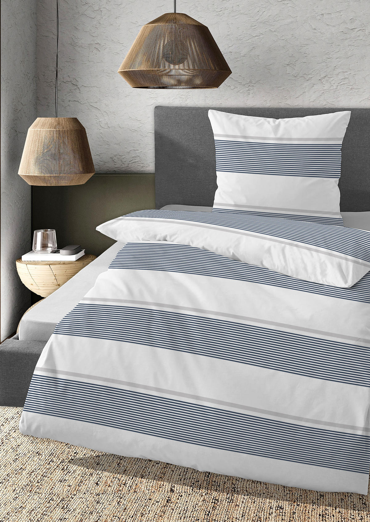BETTWÄSCHE-GARNITUR Renforcé Querstreifen marine, 155x220 cm + 80x80 cm - Dunkelblau, Textil (155/220cm) - Daniel Hechter