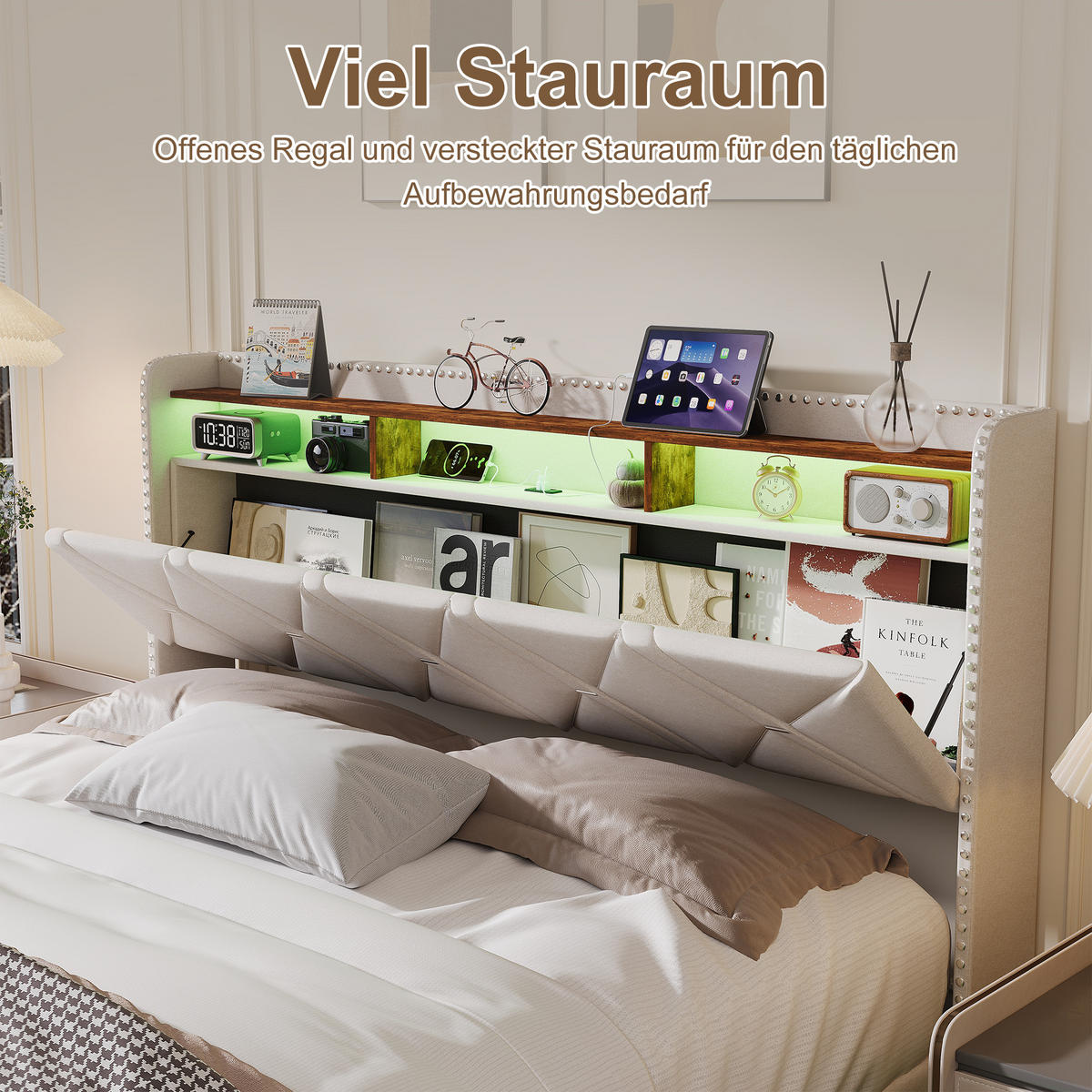 POLSTERBETT 160/200 cm Beige mit hydraulischem Stauraum, LED mit Ablage und USB - Beige, Metall (160/200cm) - EuroLiving