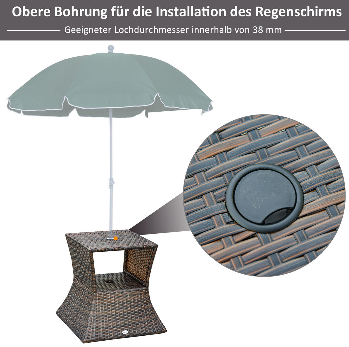 GARTENTISCH 54/54/55 cm braun aus Polyrattan mit Schirmständer - Braun, Kunststoff (54/54/55cm) - OKWISH