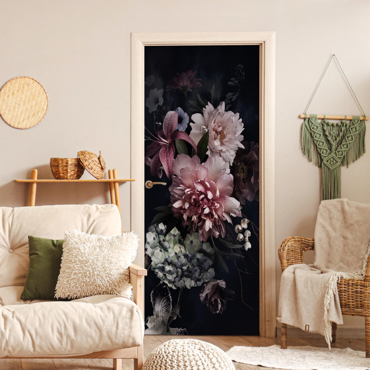 FOTOTAPETE Tür - Blumen - Vintage - Pastell - Rosa - Weiß 85x205 cm - Altrosa, Kunststoff (85/0.1cm) - MuchoWow