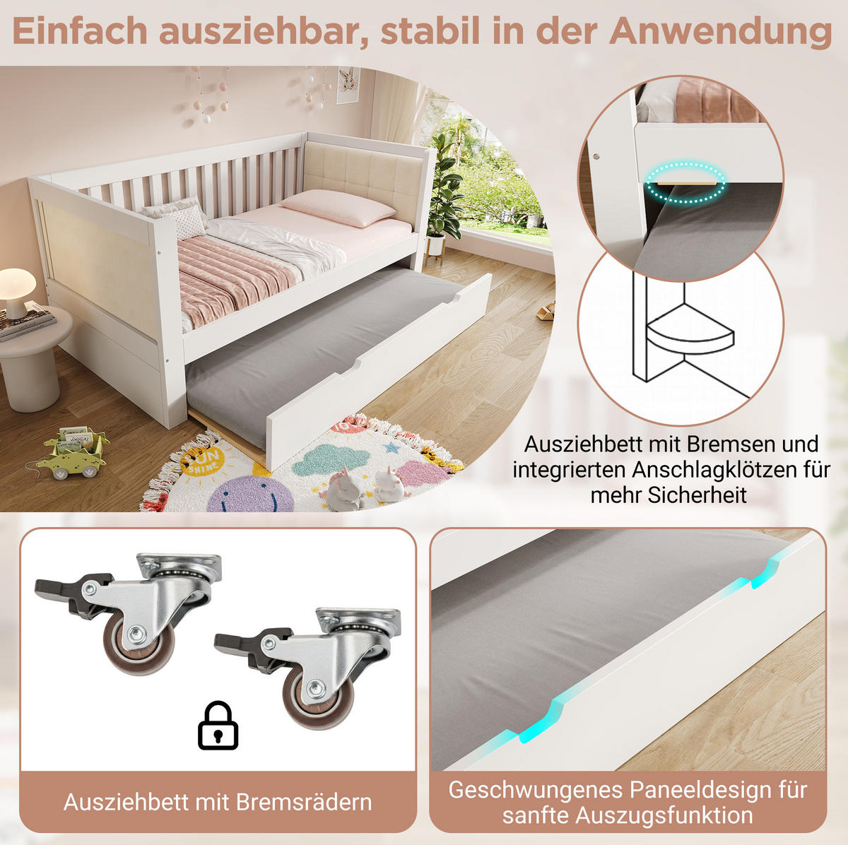 DENNÁ posteľ 90/200 cm biela s výsuvným lôžkom z masívneho dreva - biela, textil (90/200cm) - OKWISH
