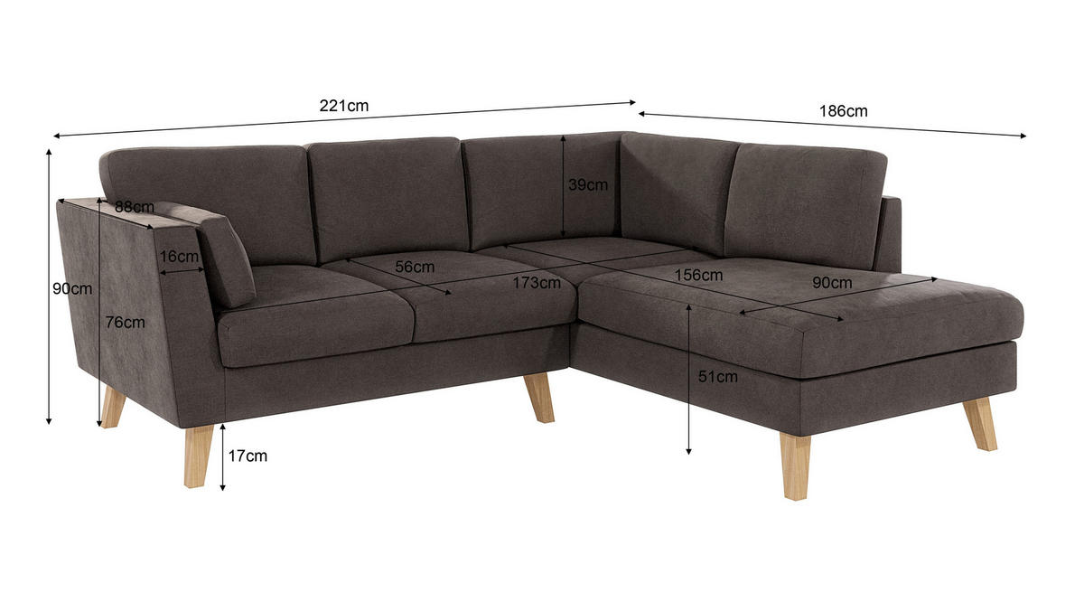ECKSOFA Mario Braun - Khaki Microfaser - Naturfarben/Braun, Buchenholz/Textil (221/186cm) - S-Style Möbel