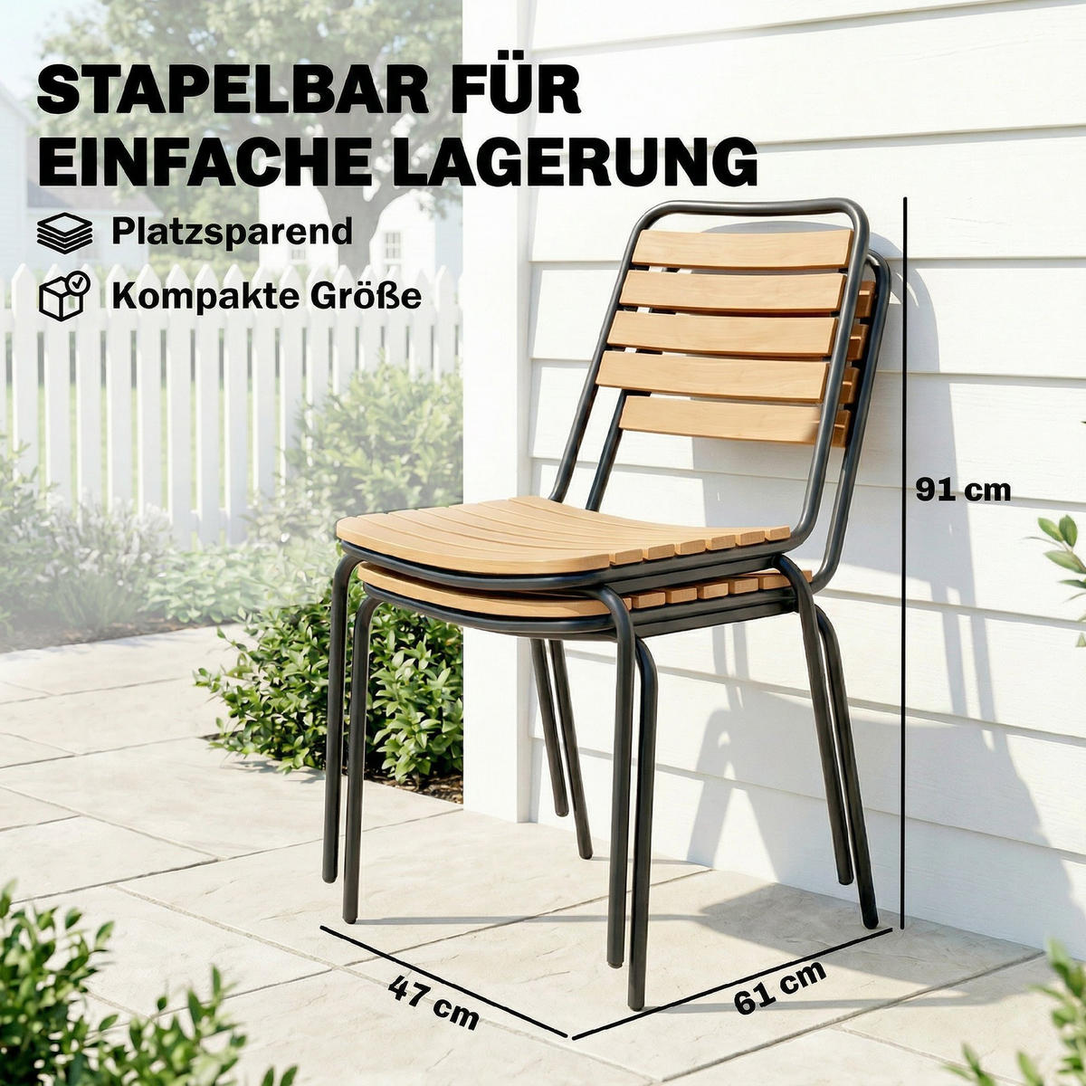 GARTENSTUHL 2er Set wetterfest Gartenstühle aus Stahl und Holz Stapelstuhl mit Rückenlehne bis 160kg belastbar Naturholz - Naturfarben, Metall (61/81/47cm)