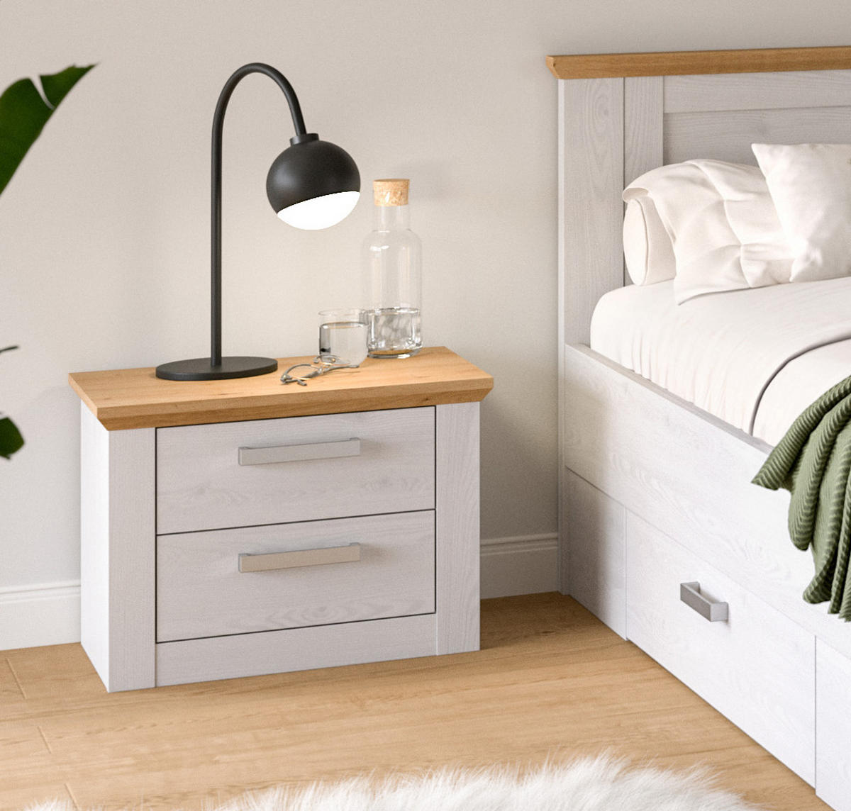 NACHTTISCH 2er Set weiß Lärche, Eiche Artisan Landhaus 56 x 43 cm, 2x Nachtkommode mit Schubkästen - Eichefarben/Silberfarben, Holzwerkstoff/Kunststoff (56/43/39cm) - Inn.Furn