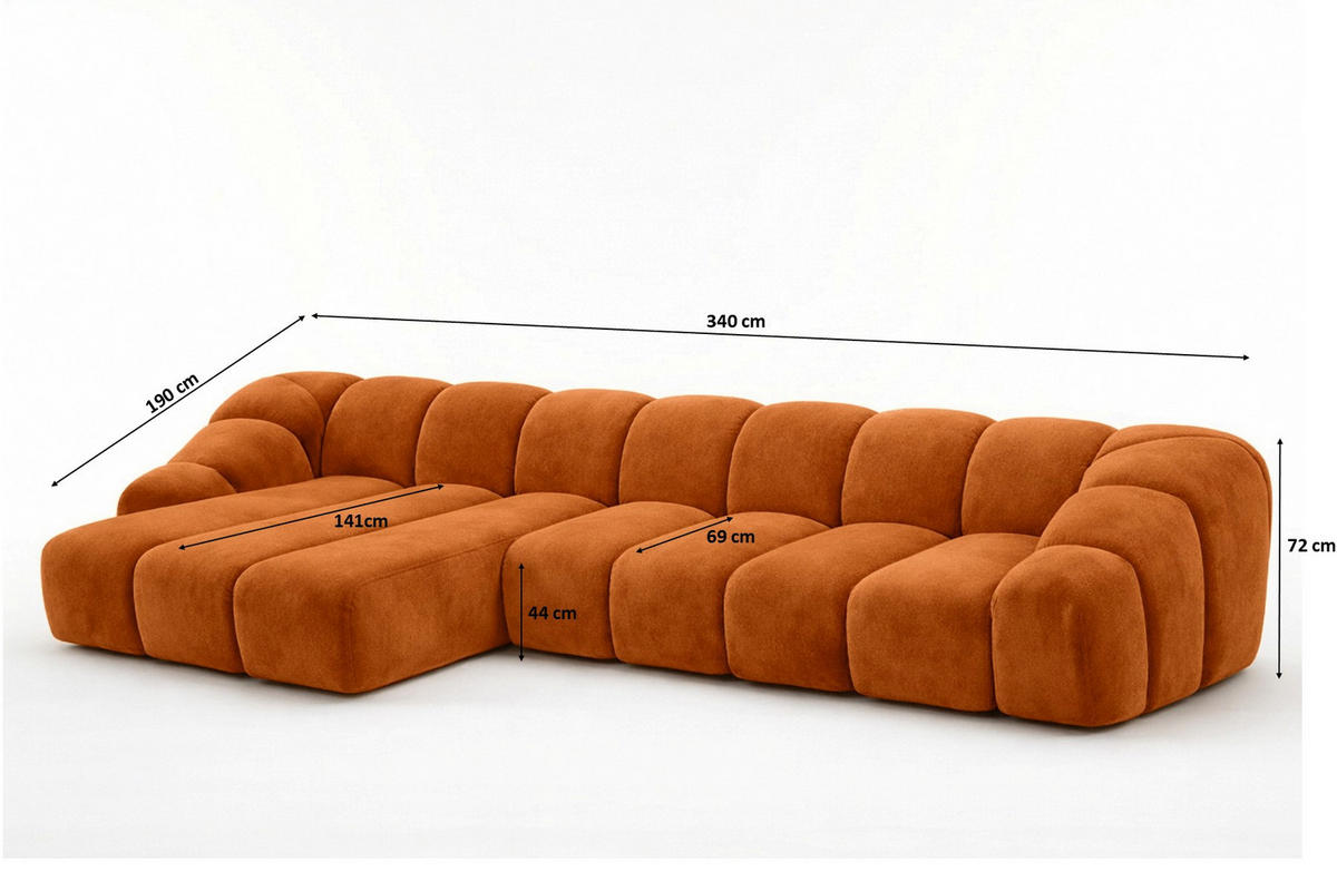 ECKSOFA Modulare L-Form, Veloursstoff Bluvel, Zimtfarbe, Links, CROISSANT XL - Orange, Holz (340/190cm) - Kaiser Möbel
