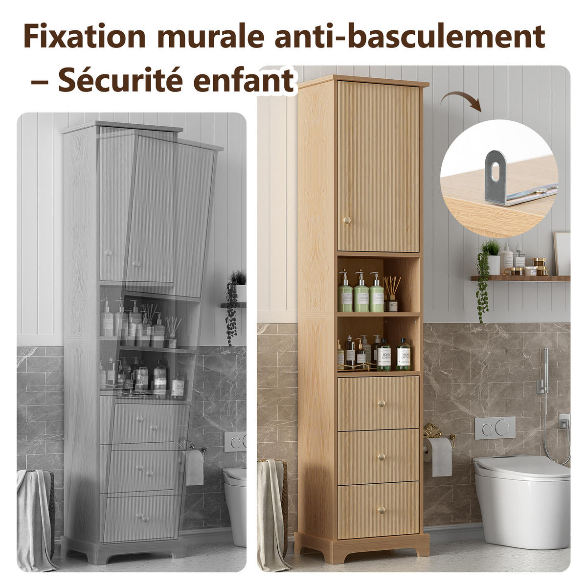 HOCHSCHRANK in Naturfarbe Badezimmerschrank mit Schubladen und Regalböden für Badezimmer, B40/T30/H172 cm - Naturfarben, Holzwerkstoff (40/172/30cm) - STILVORA