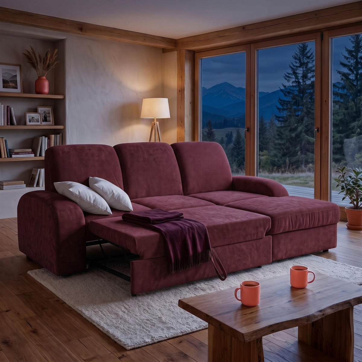 ECKSOFA VIBE S Rechts mit Schlaffunktion 130x202 Chenille Bordeaux - Bordeaux/Schwarz, Holz/Kunststoff (156/255cm) - Muffo