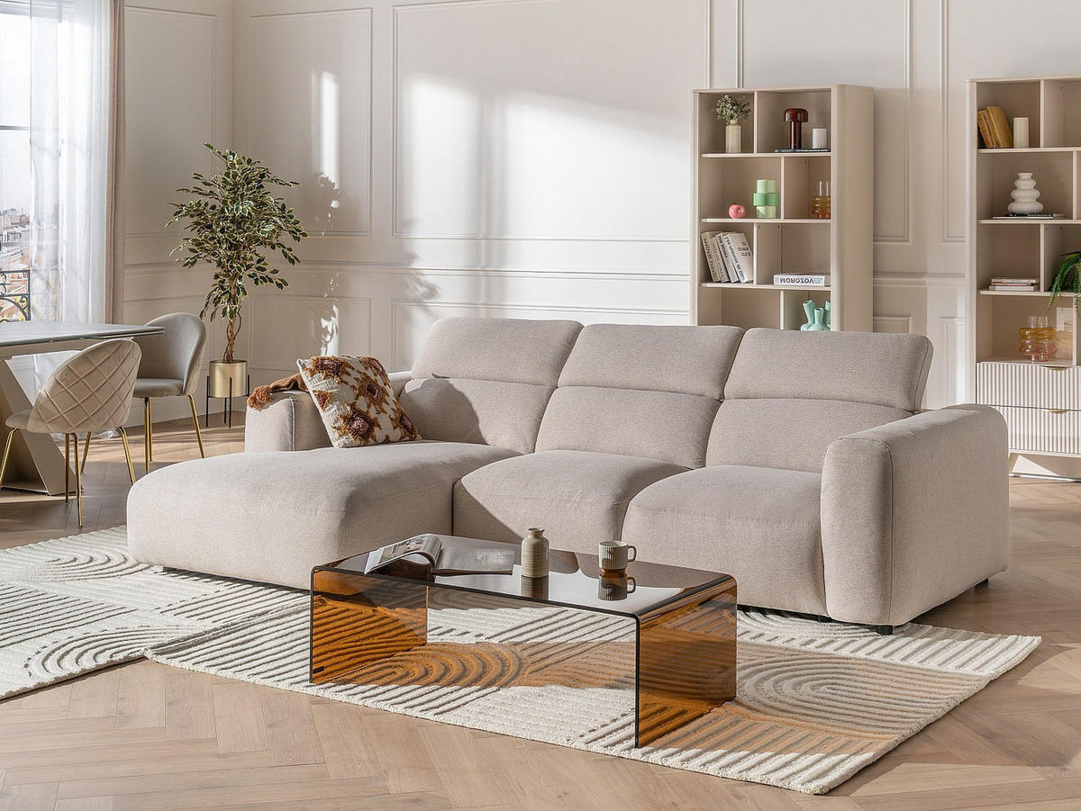 ECKSOFA links – melierter Stoff – Beige – NELORIM - Beige, Textil (279/175cm) - Vente-Unique