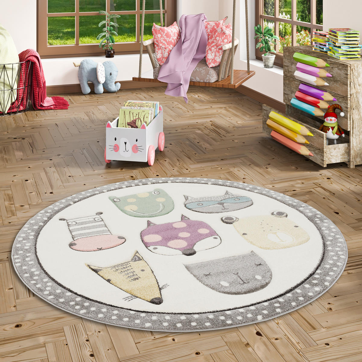 KINDER TEPPICH MAUI KIDS HAPPY ANIMALS BUNT RUND - Multicolor, Textil (120/120cm) - Pergamon
