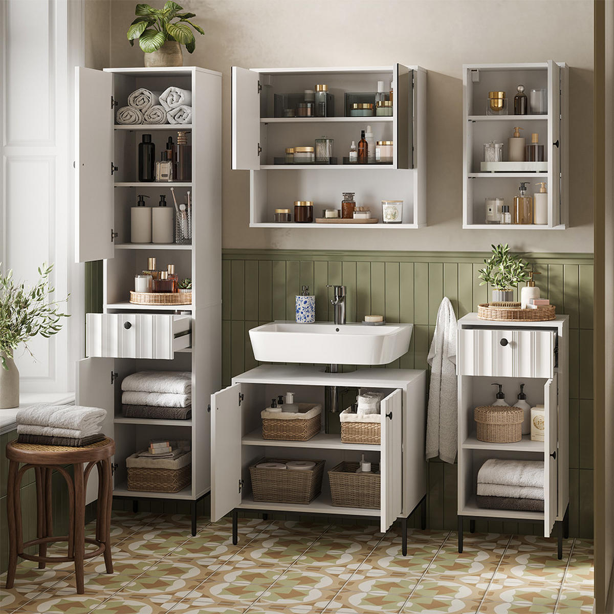 BADMÖBEL-SET Eliza Weiß Riffel 5 Teile - Weiß, Holzwerkstoff (70/65/45cm) - Vicco