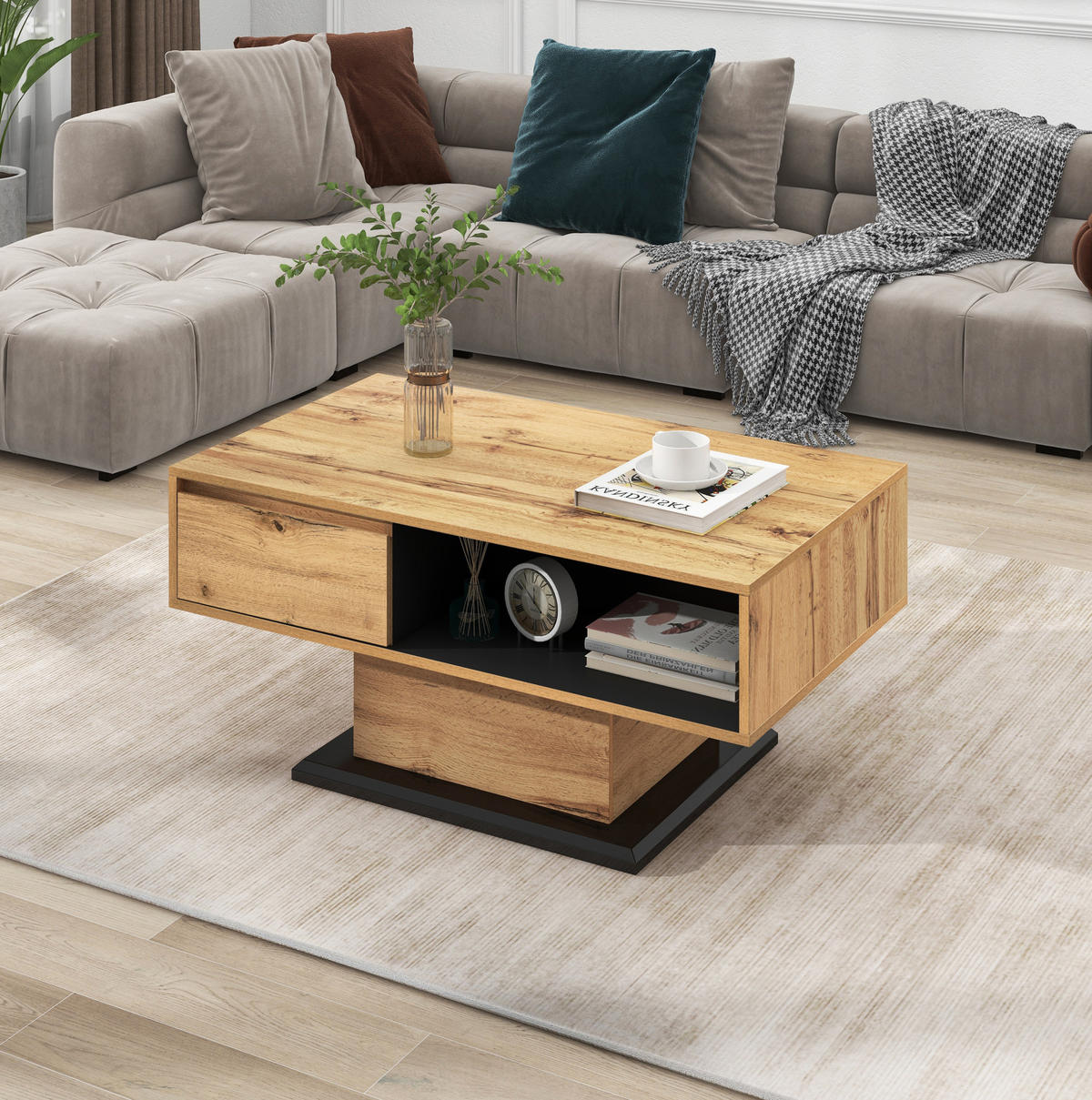 COUCHTISCH, Melamin-Eichenholzdekor, grifflose Schublade & doppelter Stauraum, 100/60/47 cm, Naturfarben - Naturfarben, Holzwerkstoff (100/47/60cm) - Redom