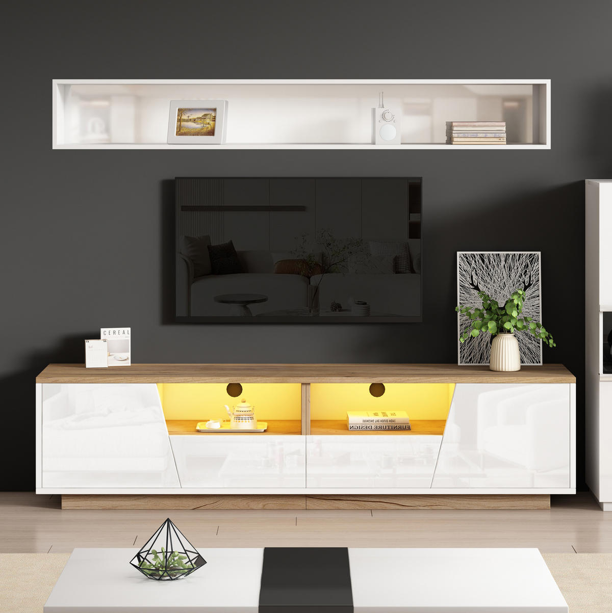 TV-SCHRANK 180/40/46 cm weiß + Holzfarbspleiß mit LED-Beleuchtung und 2 Schubladen und 2 Schränken - Weiß, Holzwerkstoff (180/46/40cm) - OKWISH