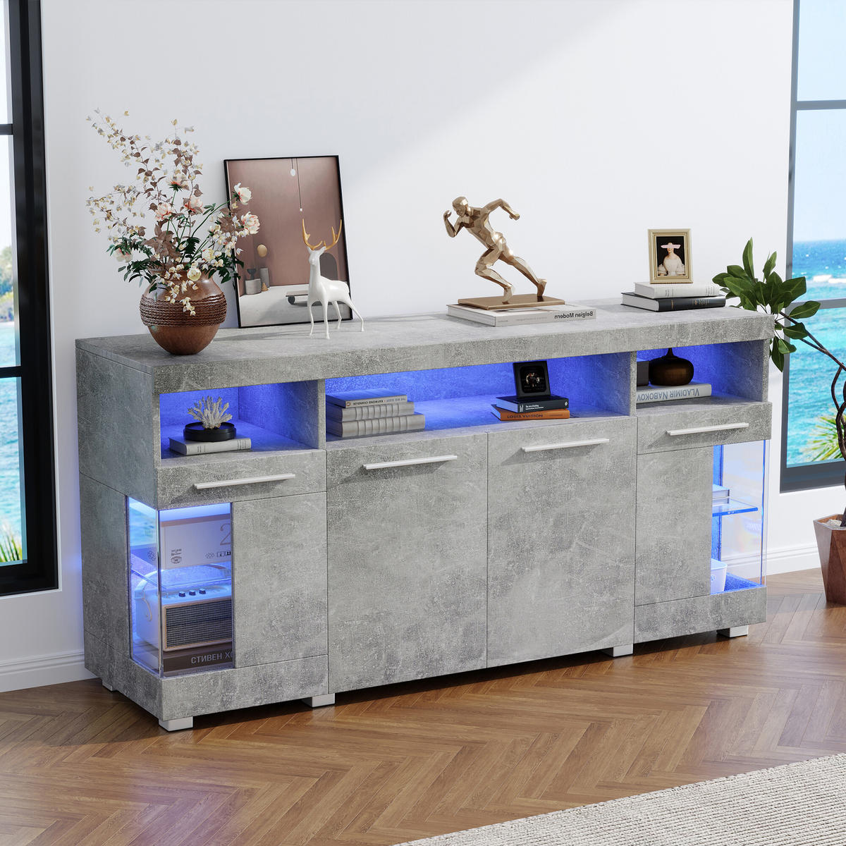SIDEBOARD mit 3 Fächern und LED Grau - Grau, Glas/Holzwerkstoff (40/70/140cm) - Urban Meuble