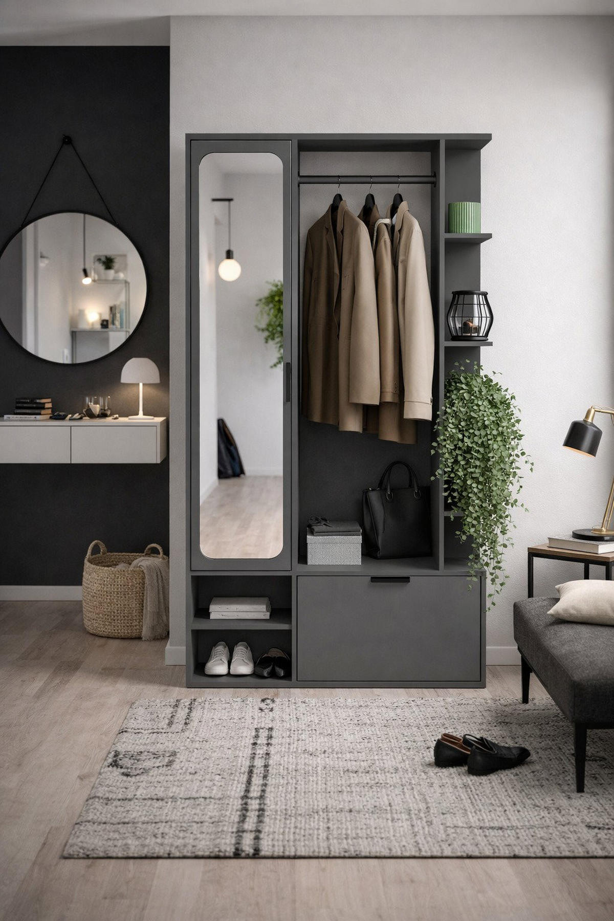 GARDEROBE Mela mit Spiegel, Sitzbank & Kleiderstange – 100/189/33 cm – Grau - Schwarz/Grau, Holzwerkstoff/Metall (100/189.4/33cm) - WFL GROUP
