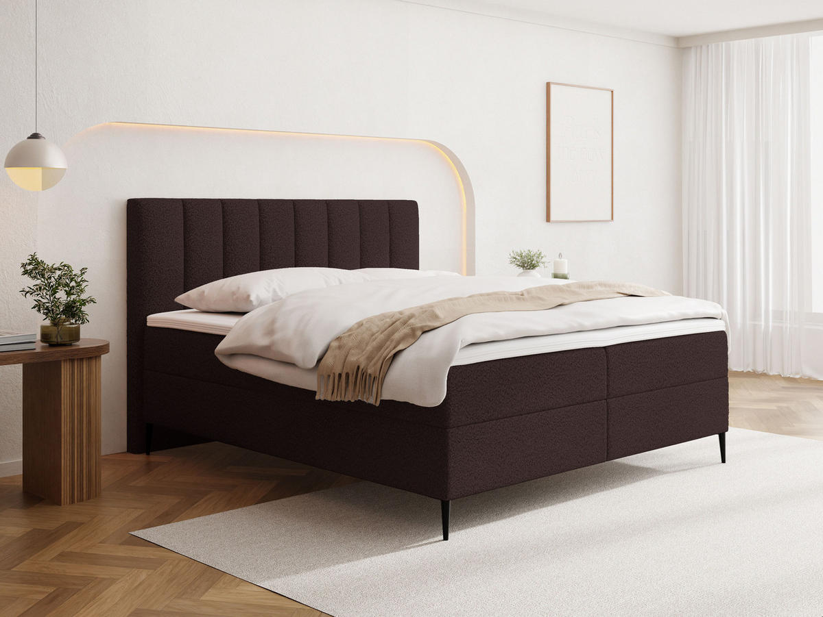 BOXBETT Allen mit Bettkasten, Boucle Braun 140x200 cm – inkl. H4 Taschenfederkern Matratze & Foam Topper - Schwarz/Braun, Holzwerkstoff/Metall (140/200cm) - WFL GROUP