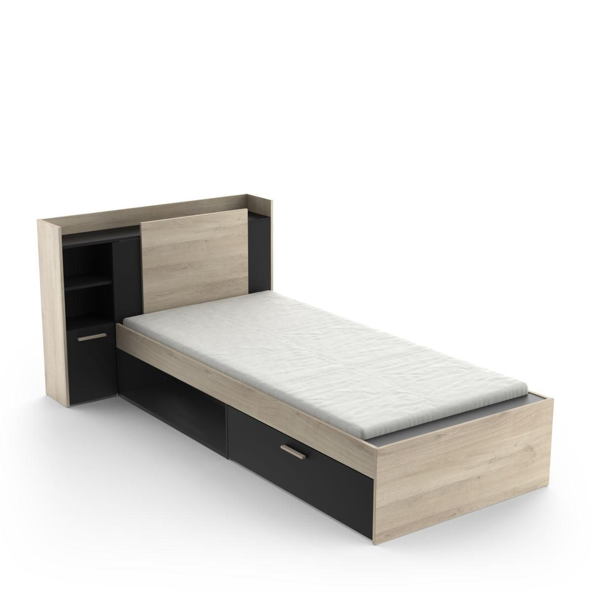 BETT in 90x190/200 cm 1 Schublade und 1 Nische - L124,5 cm - Eichefarben/Schwarz, Holzwerkstoff (190/90cm) - Calicosy