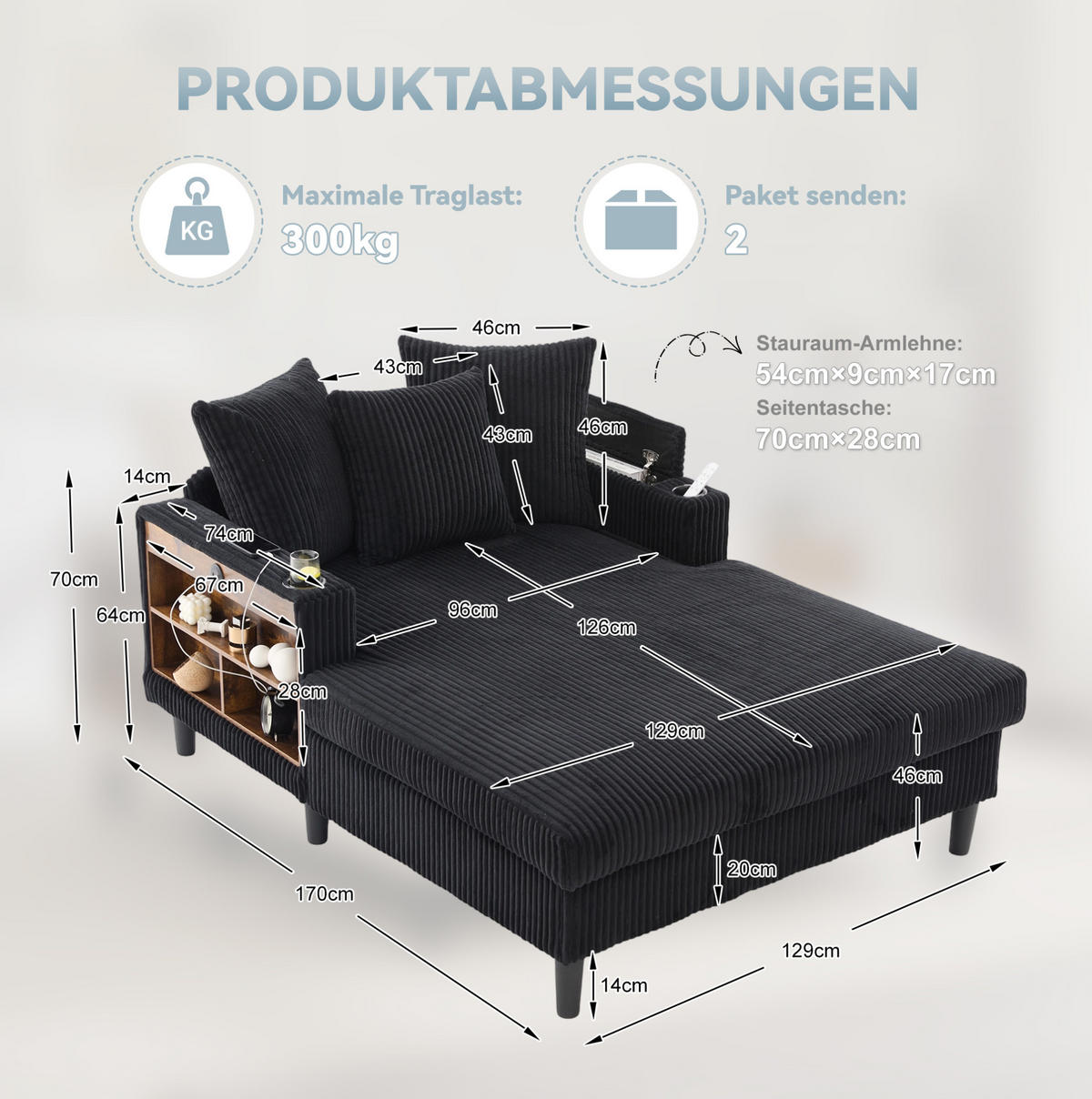 CHAISELONGUE 129/170/70 cm mit LED-Beleuchtung, USB-Anschluss, Becherhaltern und Stauraum, Schwarz - Schwarz, Textil (170/70/129cm) - Redom