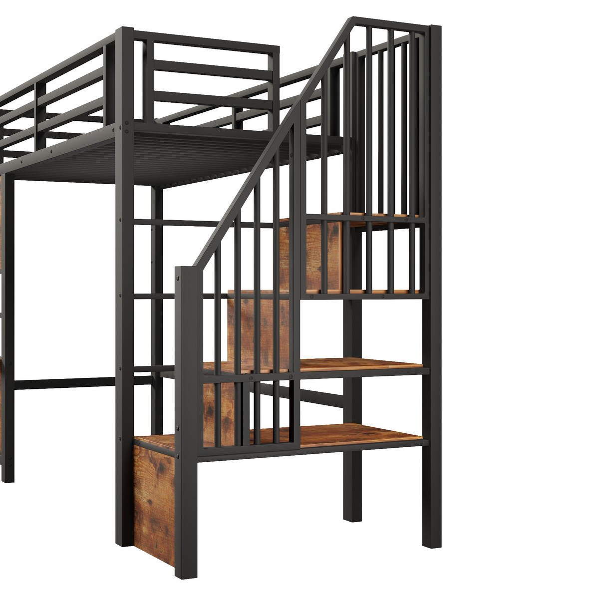 HOCHBETT 90/200 cm Schwarz mit Stauraumtreppe und offener Stauraum - Schwarz, Metall (90/200cm) - Oxeza