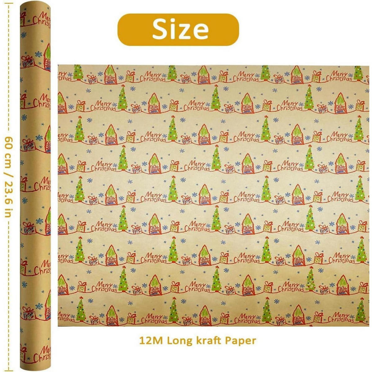 GESCHENKPAPIERROLLE 60 cm x 12 m Weihnachtsbaum Schneeflocke recycelbar - Multicolor, Papier (60/0.1/1200cm)