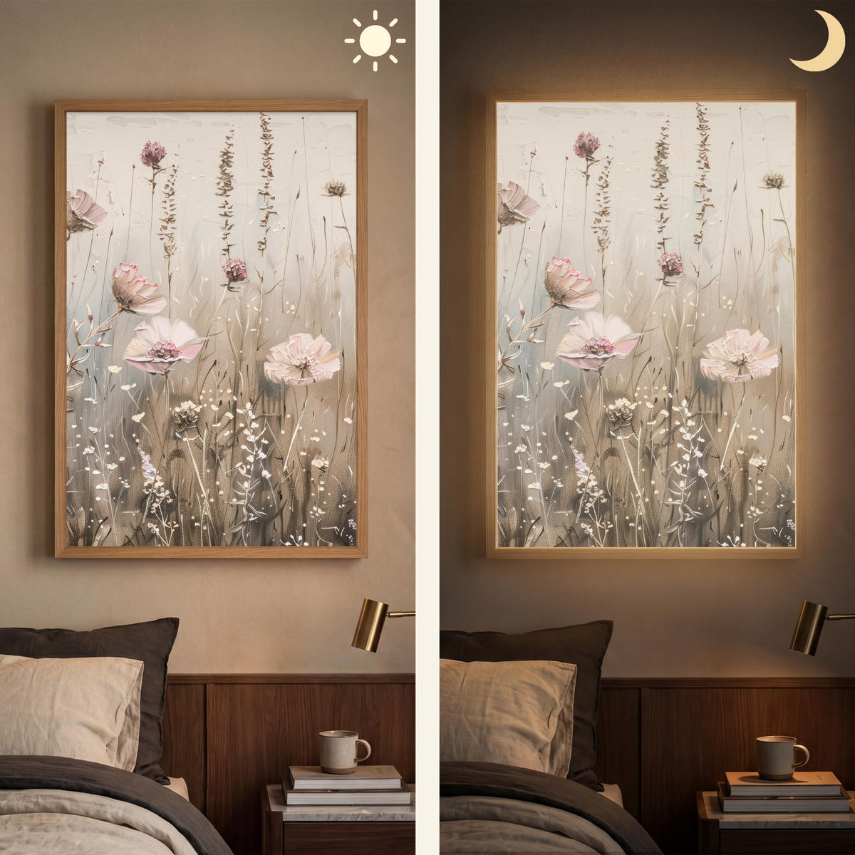 NÁSTĚNNÁ LAMPA S AKUMULÁTOREM Květiny - růžová - moderní - béžová 60x90 cm - starorůžová, kompozitní dřevo (60/90/8cm) - OnlyWow