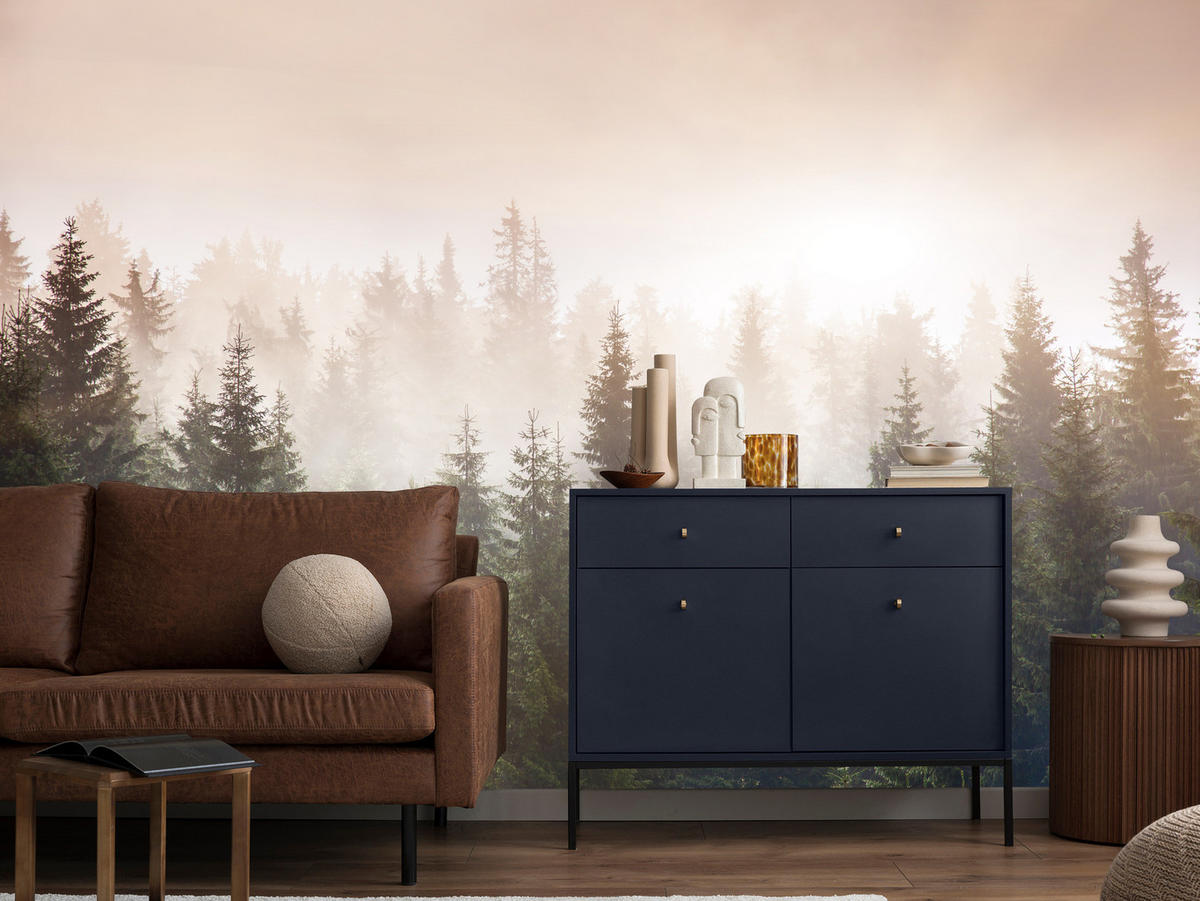 FOTOTAPETE für Wohnzimmer Nadelwald Bäume im Nebel Mystisch 450x315 - Orange/Braun, Papier (450/315cm) - Muralo