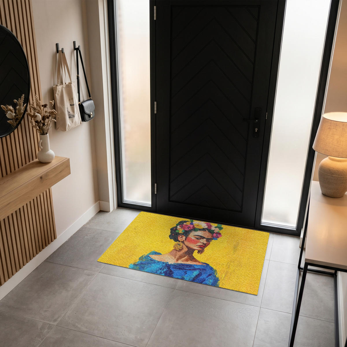 ROHOŽKA Frida Kahlo - Žena - Žlutá - Modrá - Květiny 120x80 cm - žlutá, textil/umělá hmota (120/0.4cm) - MuchoWow